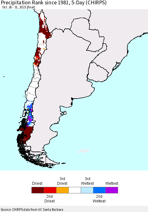 Chile Precipitation Rank since 1981, 5-Day (CHIRPS) Thematic Map For 10/26/2023 - 10/31/2023