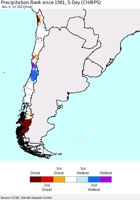 Chile Precipitation Rank since 1981, 5-Day (CHIRPS) Thematic Map For 11/6/2023 - 11/10/2023