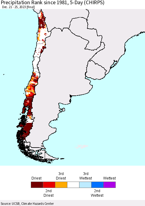 Chile Precipitation Rank since 1981, 5-Day (CHIRPS) Thematic Map For 12/21/2023 - 12/25/2023
