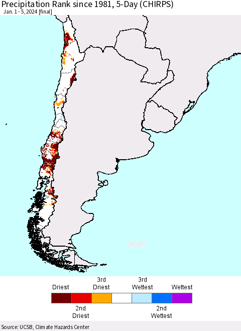 Chile Precipitation Rank since 1981, 5-Day (CHIRPS) Thematic Map For 1/1/2024 - 1/5/2024