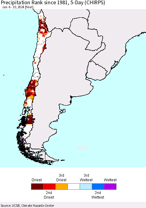 Chile Precipitation Rank since 1981, 5-Day (CHIRPS) Thematic Map For 1/6/2024 - 1/10/2024