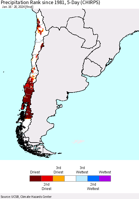 Chile Precipitation Rank since 1981, 5-Day (CHIRPS) Thematic Map For 1/16/2024 - 1/20/2024