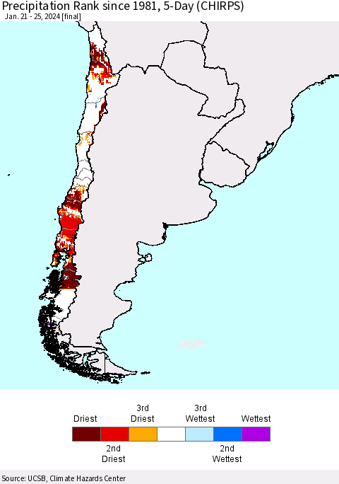 Chile Precipitation Rank since 1981, 5-Day (CHIRPS) Thematic Map For 1/21/2024 - 1/25/2024