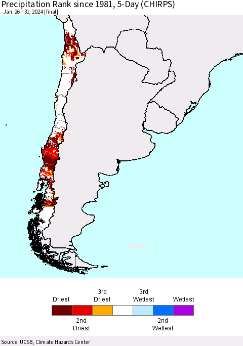 Chile Precipitation Rank since 1981, 5-Day (CHIRPS) Thematic Map For 1/26/2024 - 1/31/2024