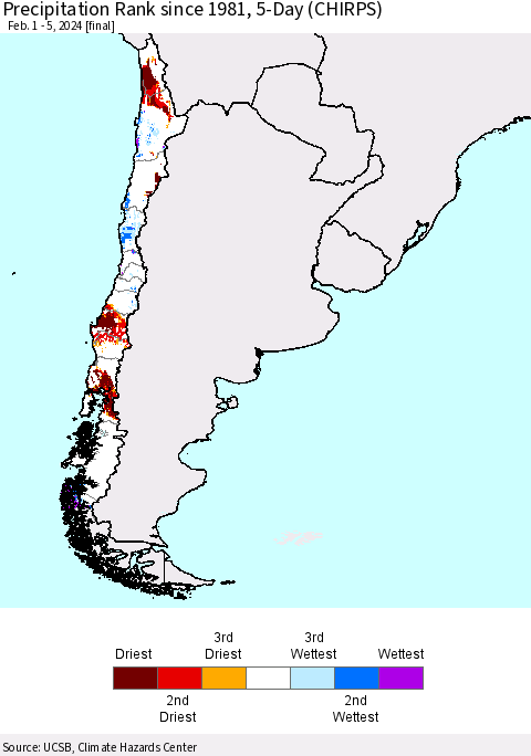 Chile Precipitation Rank since 1981, 5-Day (CHIRPS) Thematic Map For 2/1/2024 - 2/5/2024