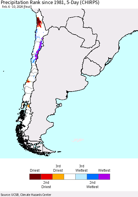 Chile Precipitation Rank since 1981, 5-Day (CHIRPS) Thematic Map For 2/6/2024 - 2/10/2024