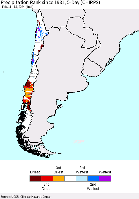 Chile Precipitation Rank since 1981, 5-Day (CHIRPS) Thematic Map For 2/11/2024 - 2/15/2024