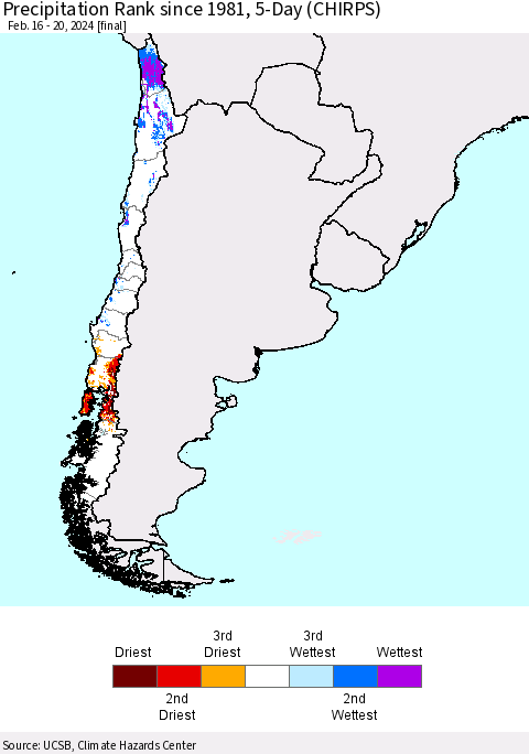 Chile Precipitation Rank since 1981, 5-Day (CHIRPS) Thematic Map For 2/16/2024 - 2/20/2024