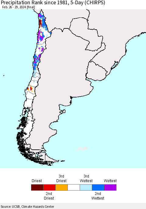 Chile Precipitation Rank since 1981, 5-Day (CHIRPS) Thematic Map For 2/26/2024 - 2/29/2024