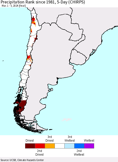 Chile Precipitation Rank since 1981, 5-Day (CHIRPS) Thematic Map For 3/1/2024 - 3/5/2024