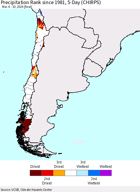 Chile Precipitation Rank since 1981, 5-Day (CHIRPS) Thematic Map For 3/6/2024 - 3/10/2024