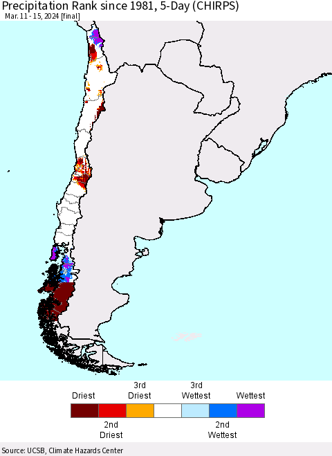 Chile Precipitation Rank since 1981, 5-Day (CHIRPS) Thematic Map For 3/11/2024 - 3/15/2024