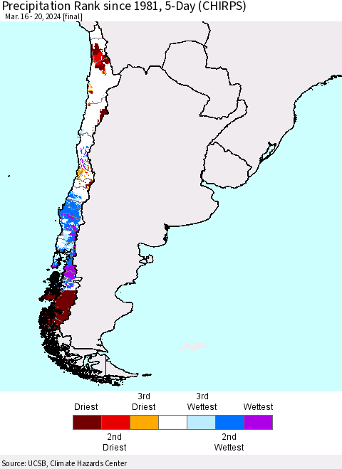 Chile Precipitation Rank since 1981, 5-Day (CHIRPS) Thematic Map For 3/16/2024 - 3/20/2024