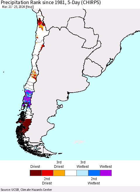 Chile Precipitation Rank since 1981, 5-Day (CHIRPS) Thematic Map For 3/21/2024 - 3/25/2024