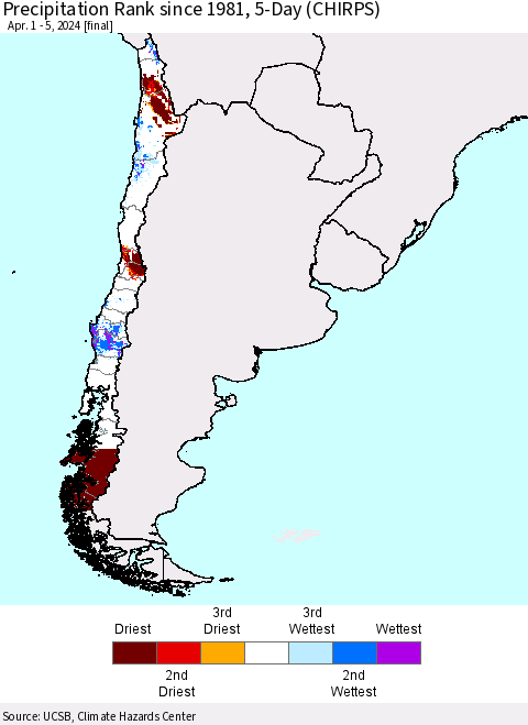 Chile Precipitation Rank since 1981, 5-Day (CHIRPS) Thematic Map For 4/1/2024 - 4/5/2024