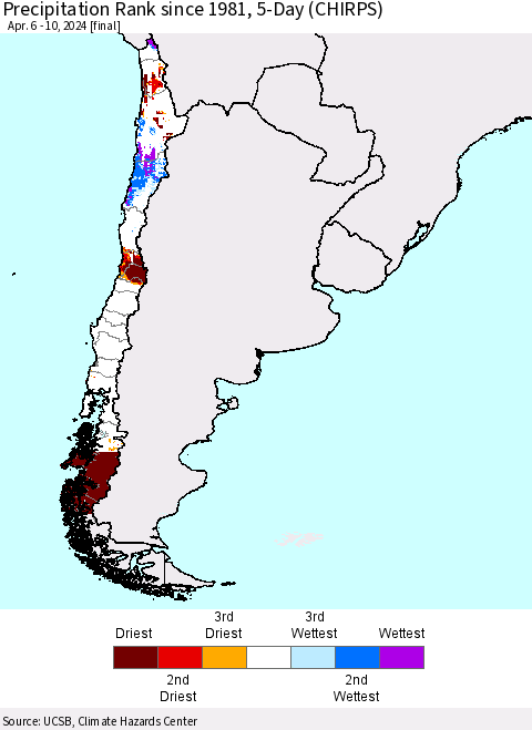 Chile Precipitation Rank since 1981, 5-Day (CHIRPS) Thematic Map For 4/6/2024 - 4/10/2024