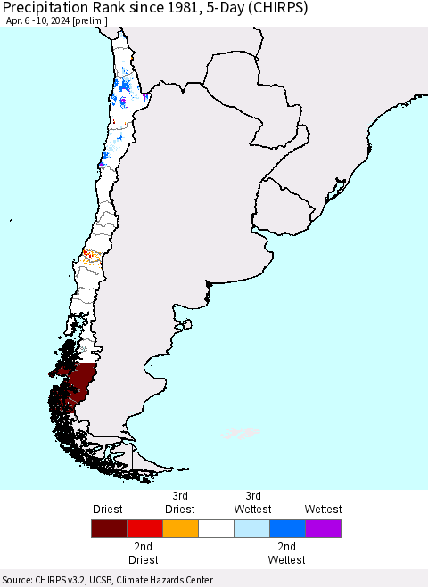 Chile Precipitation Rank since 1981, 5-Day (CHIRPS) Thematic Map For 4/6/2024 - 4/10/2024
