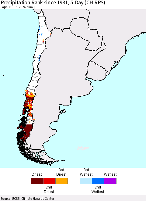 Chile Precipitation Rank since 1981, 5-Day (CHIRPS) Thematic Map For 4/11/2024 - 4/15/2024