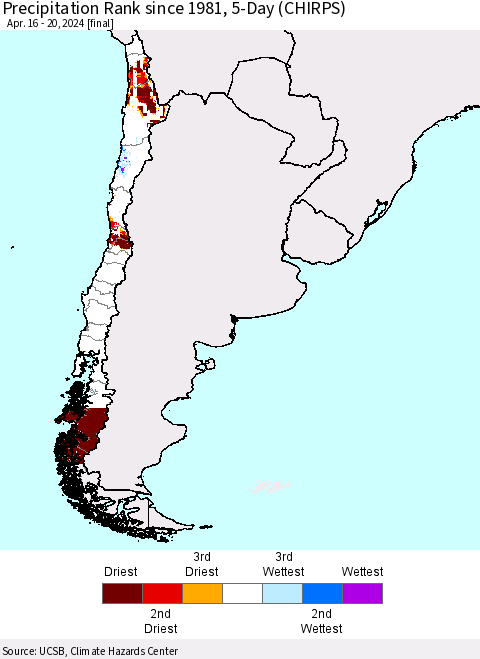 Chile Precipitation Rank since 1981, 5-Day (CHIRPS) Thematic Map For 4/16/2024 - 4/20/2024