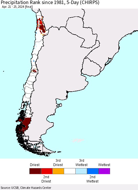 Chile Precipitation Rank since 1981, 5-Day (CHIRPS) Thematic Map For 4/21/2024 - 4/25/2024