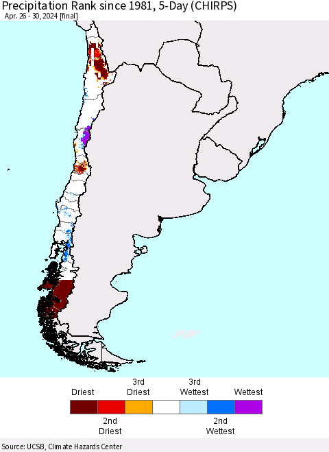 Chile Precipitation Rank since 1981, 5-Day (CHIRPS) Thematic Map For 4/26/2024 - 4/30/2024