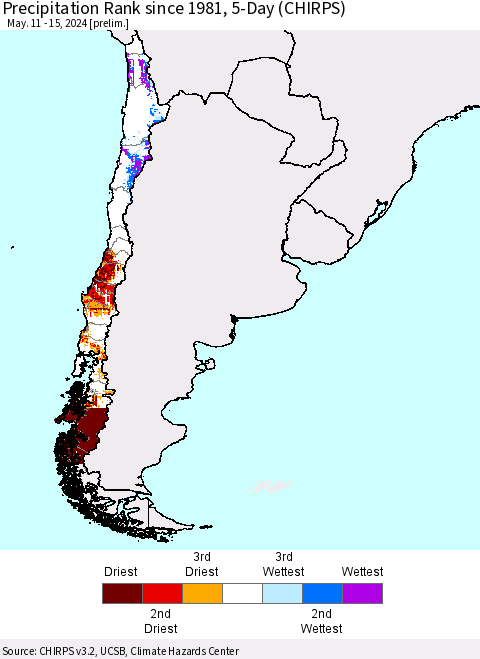 Chile Precipitation Rank since 1981, 5-Day (CHIRPS) Thematic Map For 5/11/2024 - 5/15/2024