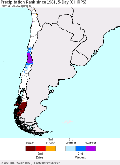 Chile Precipitation Rank since 1981, 5-Day (CHIRPS) Thematic Map For 5/21/2024 - 5/25/2024