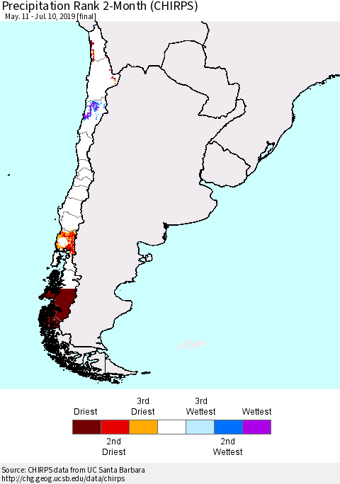 Chile Precipitation Rank since 1981, 2-Month (CHIRPS) Thematic Map For 5/11/2019 - 7/10/2019