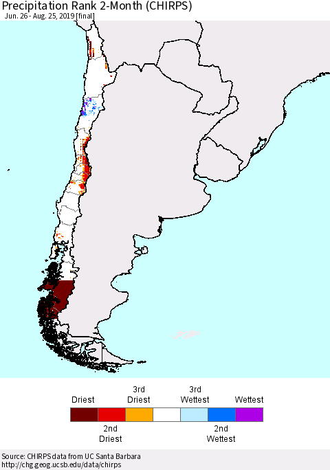 Chile Precipitation Rank since 1981, 2-Month (CHIRPS) Thematic Map For 6/26/2019 - 8/25/2019