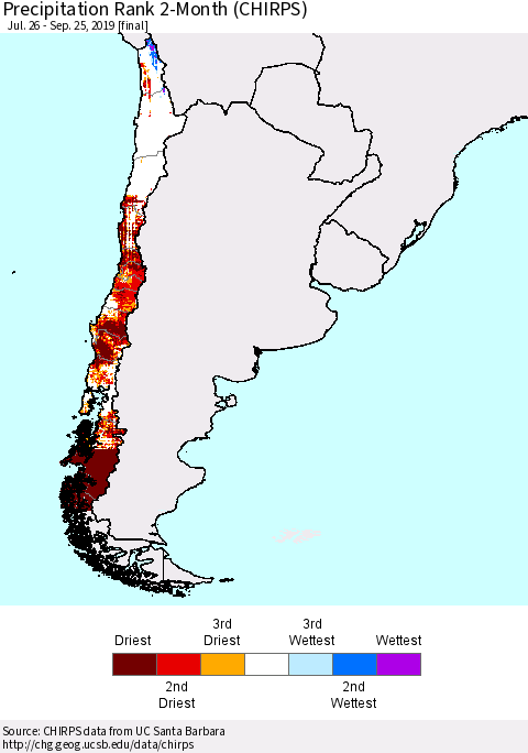 Chile Precipitation Rank since 1981, 2-Month (CHIRPS) Thematic Map For 7/26/2019 - 9/25/2019