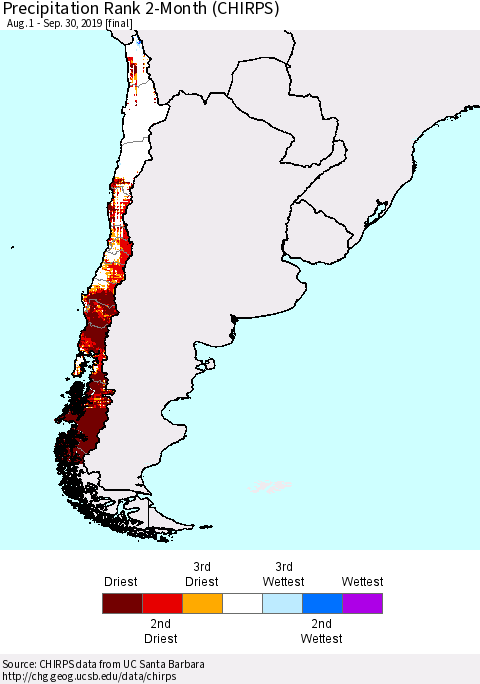 Chile Precipitation Rank since 1981, 2-Month (CHIRPS) Thematic Map For 8/1/2019 - 9/30/2019