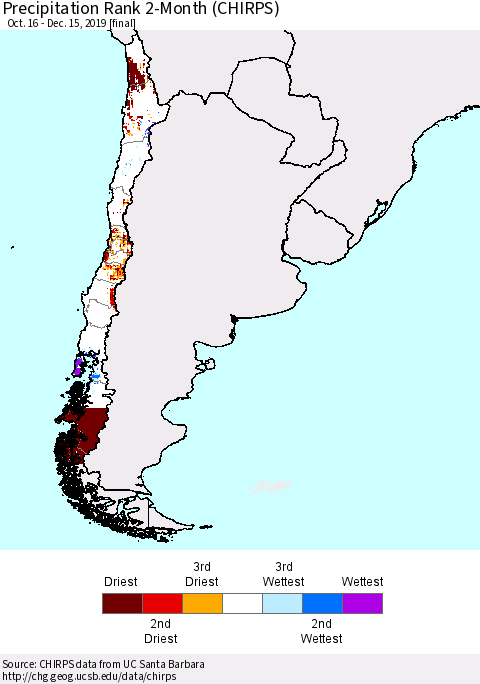 Chile Precipitation Rank since 1981, 2-Month (CHIRPS) Thematic Map For 10/16/2019 - 12/15/2019