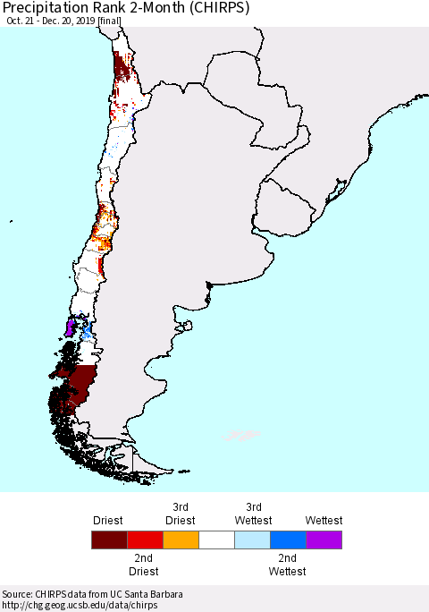 Chile Precipitation Rank since 1981, 2-Month (CHIRPS) Thematic Map For 10/21/2019 - 12/20/2019