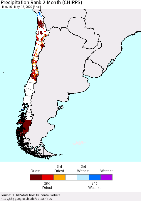 Chile Precipitation Rank 2-Month (CHIRPS) Thematic Map For 3/16/2020 - 5/15/2020