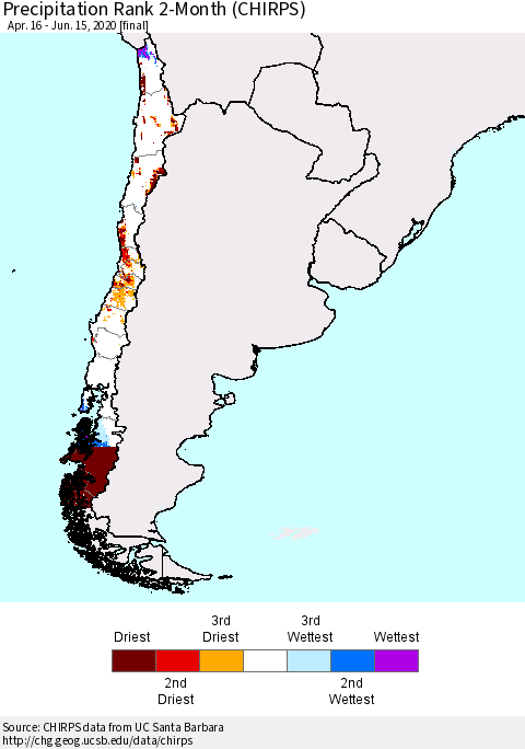 Chile Precipitation Rank 2-Month (CHIRPS) Thematic Map For 4/16/2020 - 6/15/2020