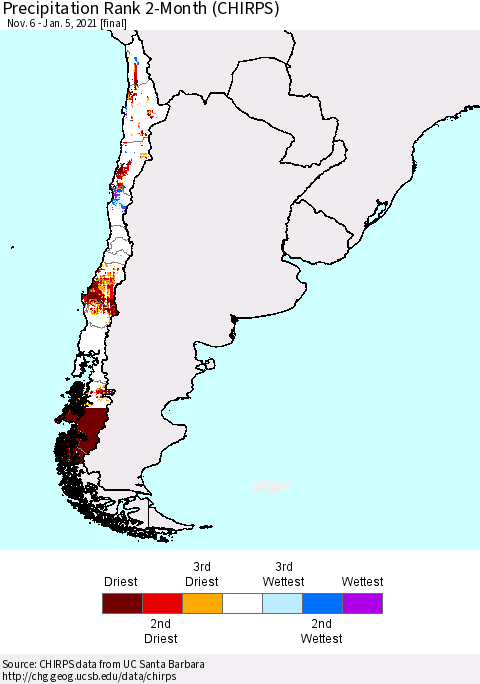 Chile Precipitation Rank since 1981, 2-Month (CHIRPS) Thematic Map For 11/6/2020 - 1/5/2021