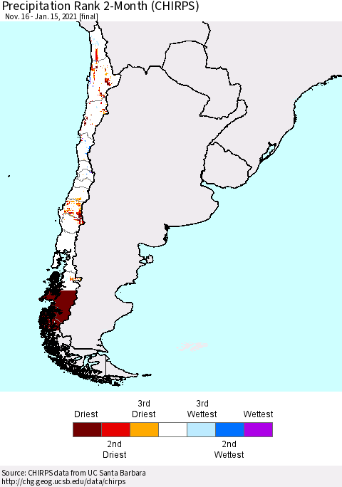 Chile Precipitation Rank since 1981, 2-Month (CHIRPS) Thematic Map For 11/16/2020 - 1/15/2021
