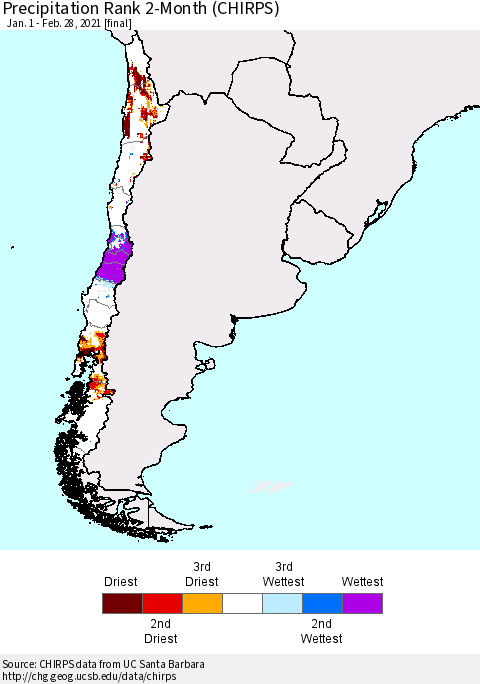 Chile Precipitation Rank 2-Month (CHIRPS) Thematic Map For 1/1/2021 - 2/28/2021