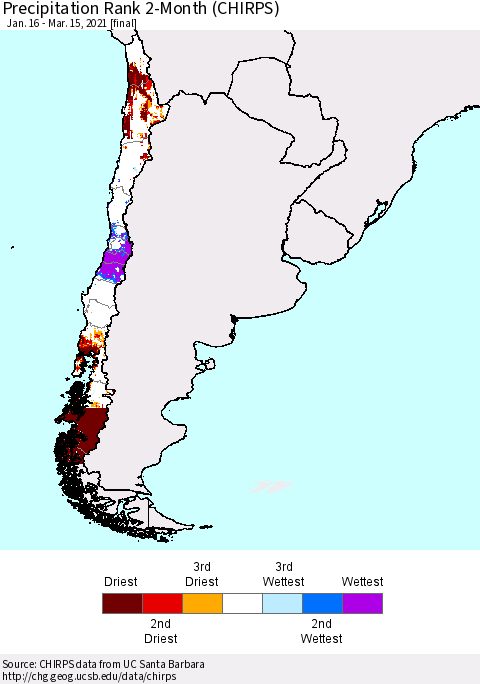 Chile Precipitation Rank 2-Month (CHIRPS) Thematic Map For 1/16/2021 - 3/15/2021