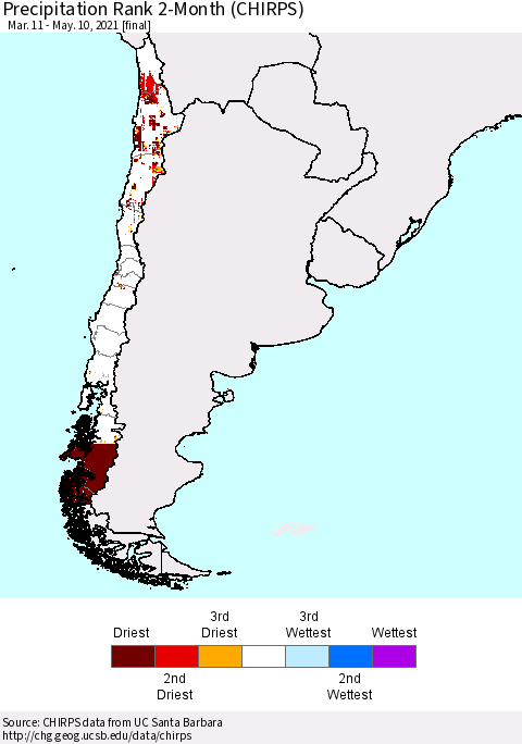 Chile Precipitation Rank since 1981, 2-Month (CHIRPS) Thematic Map For 3/11/2021 - 5/10/2021