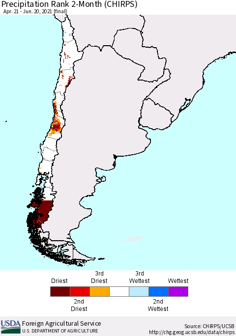 Chile Precipitation Rank since 1981, 2-Month (CHIRPS) Thematic Map For 4/21/2021 - 6/20/2021