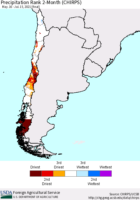 Chile Precipitation Rank since 1981, 2-Month (CHIRPS) Thematic Map For 5/16/2021 - 7/15/2021