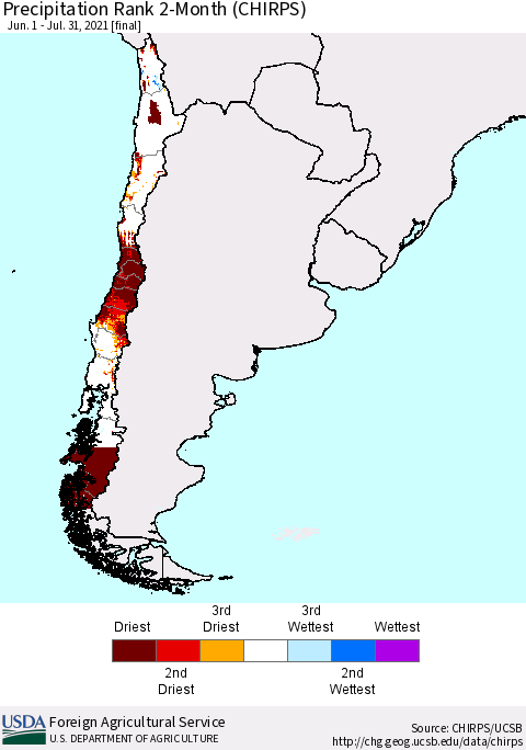 Chile Precipitation Rank 2-Month (CHIRPS) Thematic Map For 6/1/2021 - 7/31/2021