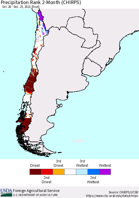 Chile Precipitation Rank 2-Month (CHIRPS) Thematic Map For 10/26/2021 - 12/25/2021