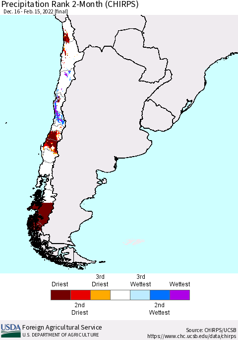 Chile Precipitation Rank 2-Month (CHIRPS) Thematic Map For 12/16/2021 - 2/15/2022