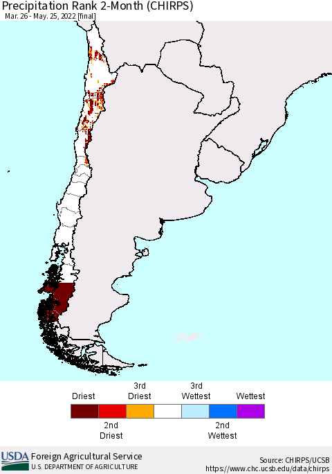 Chile Precipitation Rank since 1981, 2-Month (CHIRPS) Thematic Map For 3/26/2022 - 5/25/2022