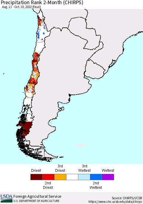 Chile Precipitation Rank 2-Month (CHIRPS) Thematic Map For 8/11/2022 - 10/10/2022