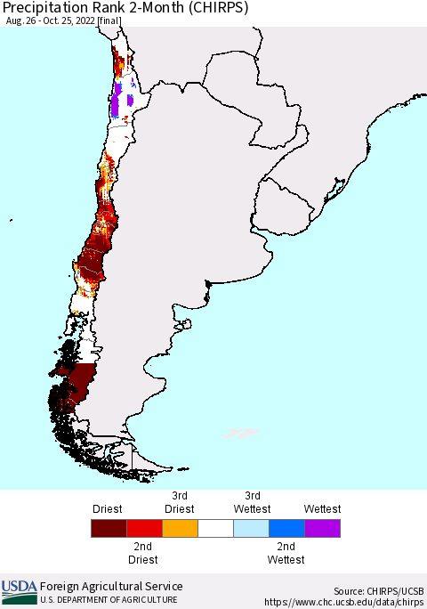 Chile Precipitation Rank since 1981, 2-Month (CHIRPS) Thematic Map For 8/26/2022 - 10/25/2022
