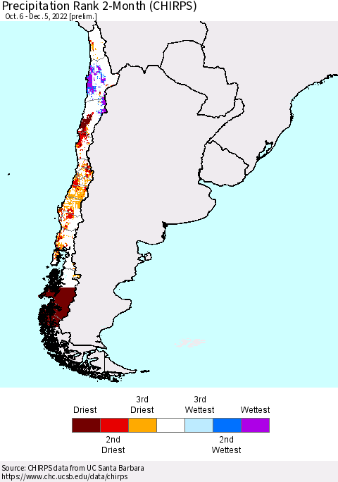 Chile Precipitation Rank 2-Month (CHIRPS) Thematic Map For 10/6/2022 - 12/5/2022