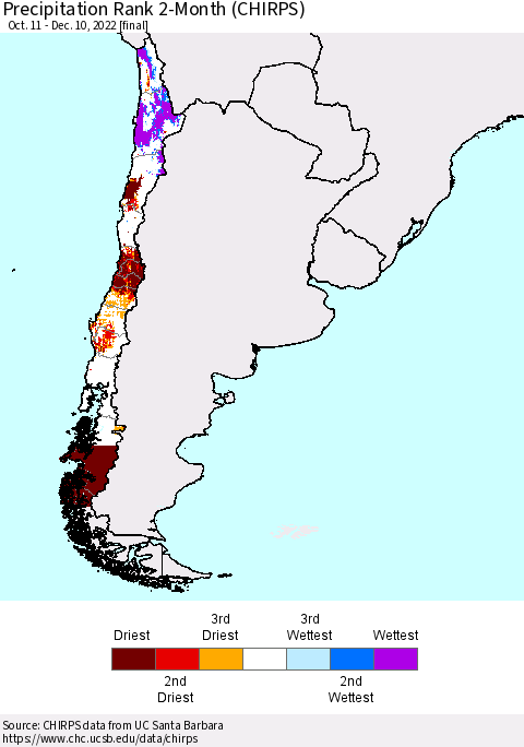 Chile Precipitation Rank 2-Month (CHIRPS) Thematic Map For 10/11/2022 - 12/10/2022